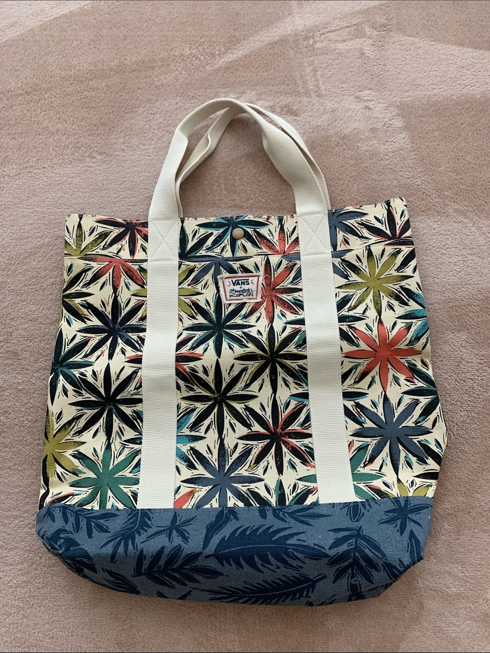Vans Floral Canvas Tote in Cream with Blue, Green & Red Accents